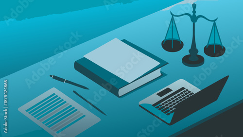 Flat vector illustration of a professional legal workspace with laptop scales book and documents on a desk for law and justice themes with lawyer