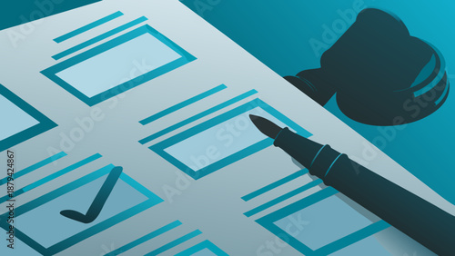 Flat vector illustration of workplace compliance and regulatory checklist with pen and gavel on blue background for business and law concept