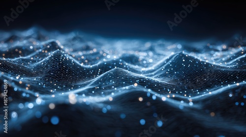 Digital Waves of Light and Data Flowing in a Deep Ocean of Colorful Particles with Abstract Representation of Network Connections and Technology