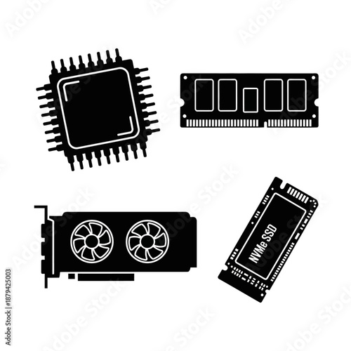 Computer hardware components including processor, RAM, graphics card, and SSD storage device illustrated in a minimalist style.