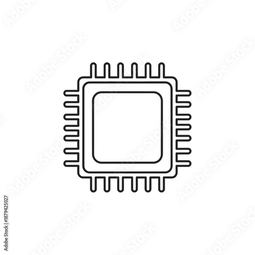 A simplified line drawing of a microchip from a top-down viewpoint illustrating electronic components