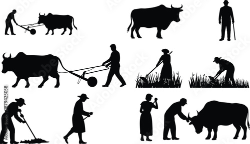 Farmer and ox plowing field silhouette collection showing traditional rural agriculture work vector illustration, village farming life scenes isolated on white background