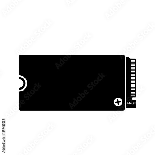 A black and white illustration of a rectangular solid-state drive with connector details.