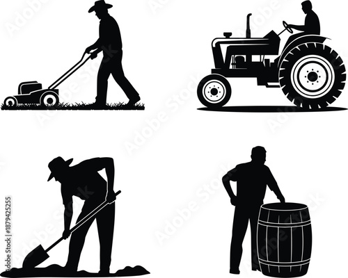 Farmer work activity silhouette collection, lawn mowing, tractor driving, soil digging, barrel handling, rural agriculture labor, black vector illustration isolated