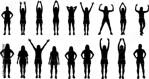 People silhouettes standing and stretching poses collection human body posture set black vector illustration isolated on white background fitness activity concept design