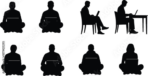 People silhouettes using laptop sitting cross legged and working at desk isolated on white background remote work technology concept set