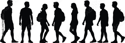 People walking silhouettes with backpacks, daily life movement concept, urban lifestyle, commuting crowd, travel and social interaction, human behavior illustration
