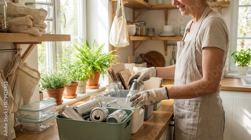 Sorting Recyclables in an Eco-Friendly Kitchen