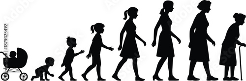 Female human life cycle silhouette from baby stroller to elderly woman with cane, aging process stages, growth development concept, black vector illustration