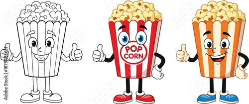 Cute popcorn mascot characters in color and black outline versions giving thumbs up, funny cartoon snack illustration for cinema, movie night, fast food branding, kids menu and packaging design