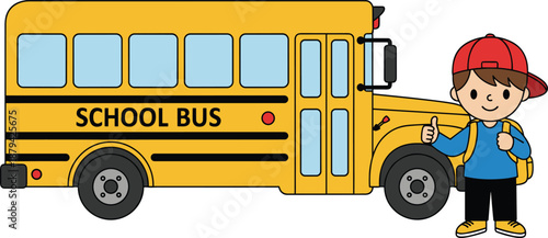 Cute school bus with happy boy giving thumbs up illustration, back to school concept, cartoon kid and yellow bus vector isolated on white