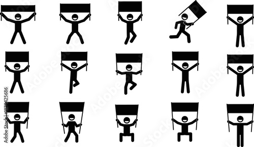 Protest sign stick figure silhouettes holding blank placards demonstration people icons black vector illustration isolated on white background activism rally communication concept design