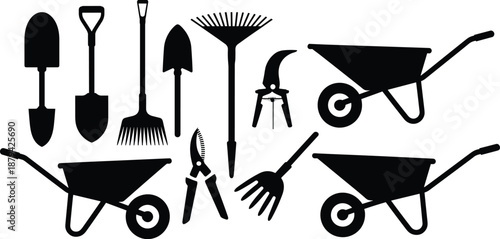 Garden tools silhouette collection including shovel, rake, pruner and wheelbarrow set, farming equipment icons, black vector illustration isolated on white background