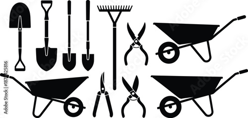 Garden tools silhouette set with shovel, rake, pruner and wheelbarrow icons, farming and gardening equipment, black vector illustration isolated on white background