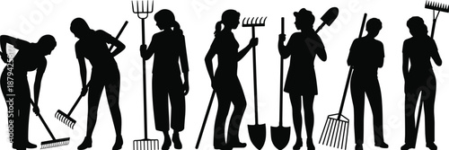 Garden workers silhouette vector illustration, group of people holding farming tools isolated on white background, flat minimal design for agriculture concepts
