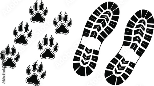 Dog paw prints and boot sole footprints silhouette set isolated on white background for tracking, outdoor adventure, hiking design, forensic trail and vector illustration