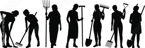 Garden workers silhouette vector illustration, group of people holding rakes shovels and farming tools isolated on white background, clean flat design for agriculture work concepts