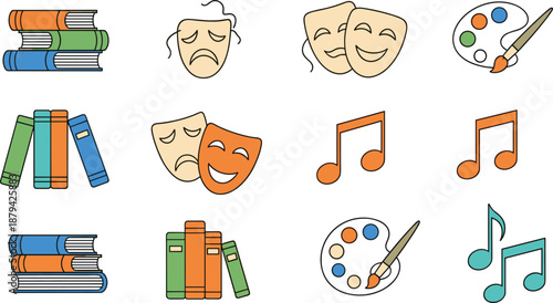 Education and arts icon set with books, theater masks, music notes and paint palette, colorful cartoon illustrations for school, creative learning, drama and art class design