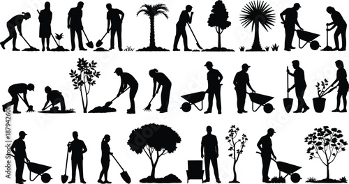 Gardening people silhouettes set, workers planting digging watering trees and plants, landscaping and garden maintenance activities, black vector illustration isolated
