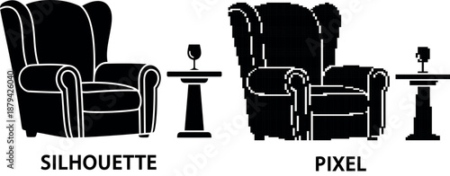 Black and white wingback chair with side table on transparent background