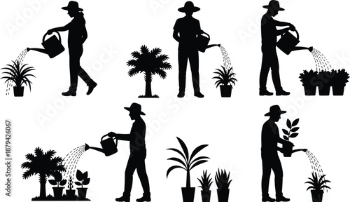 Gardening people watering plants silhouette vector illustration, men and women using watering cans for potted plants isolated on white background, flat nature lifestyle design
