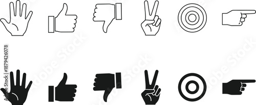 Hand gesture icon set with open palm, thumbs up, thumbs down, victory, target and pointing symbols in black and white outline and solid style for UI, web and communication design