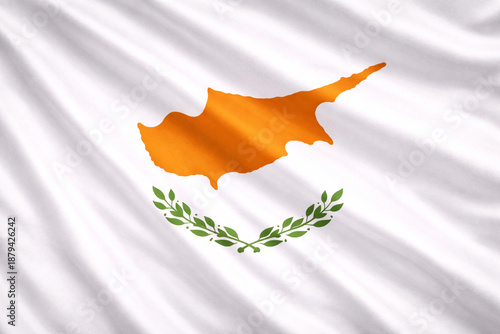 Waving Cyprus Flag Horizontal Background with Map Emblem and Olive Branches