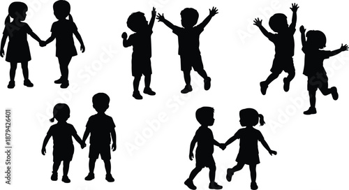 Happy kids silhouettes collection, children holding hands jumping and playing together, joyful childhood friendship concept vector illustration isolated on white background