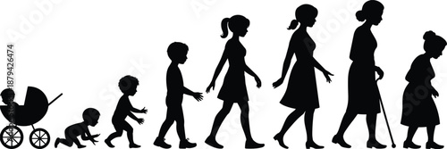 Human life cycle silhouette from baby to elderly woman, aging process stages, growth and development concept, isolated black vector illustration