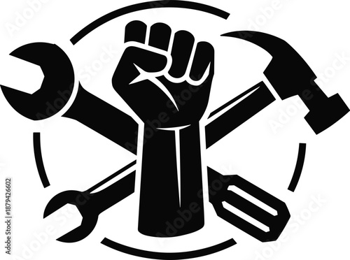 Industrial labor union emblem with raised fist and crossed tools, wrench hammer screwdriver symbols, worker strength and solidarity concept vector illustration