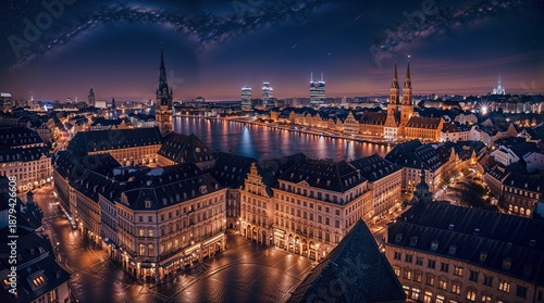 A stunning, cinematic night view of the historic and luxurious old town of Hamburg, Germany, with its beautifully illuminated streets, centuries-old architecture