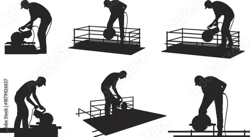 Industrial construction workers using circular saws, metal cutting operations, safety silhouettes, heavy equipment tasks, manufacturing and fabrication process vector illustration