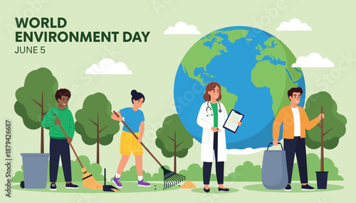 Vector illustration of World Environment Day with people cleaning and protecting nature around Earth