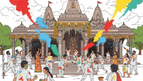 Hindu Temple Celebration with Colorful Smoke and Dancers