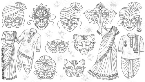 Indian Traditional Clothing and Masks Illustration