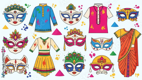 Colorful Indian Masks and Traditional Clothing Isolated on White