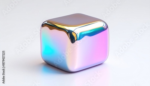 A shiny, iridescent cube with rounded edges sits against a soft white background