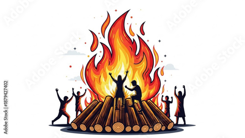 People Dancing Around Burning Bonfire at Night