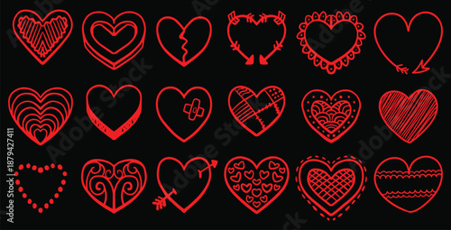 Collection of eighteen unique hand drawn red neon heart icons featuring various doodle styles representing love romance passion celebration and Valentine's day themes