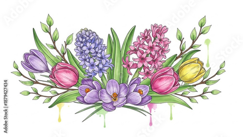 Colorful Tulips, Hyacinths and Crocuses Bouquet on White