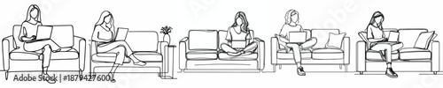 vector line art woman sitting on sofa with laptop