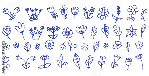 Collection of charming hand drawn doodle icons featuring various stylized blue flowers petals and delicate botanical leaves perfect for rustic design projects