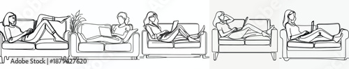 line art of a woman lying down relaxing on the sofa with a laptop