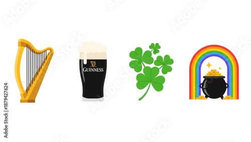 St. Patricks Day Symbols, Harp, Beer and Clover, Rainbow Pot of Gold