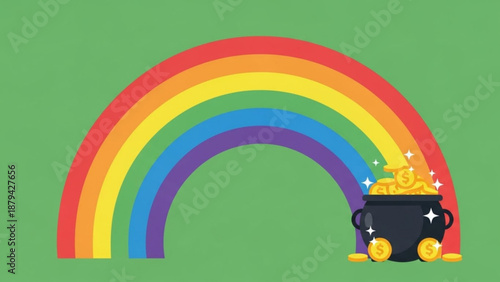 Rainbow with Pot of Gold on Green Background