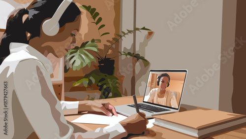 Female student wearing headphones participating in online learning on laptop with notebook and pen on desk in a modern home study environment