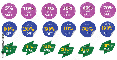 Collection of colorful circular and banner shaped discount promotion tags featuring various percentages off for retail sales events