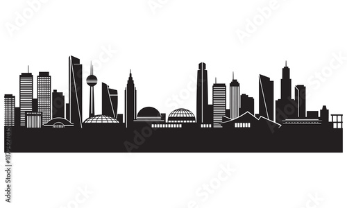 Modern city skyline silhouette with dome.