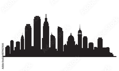 City skyline silhouette with dome and towers.
