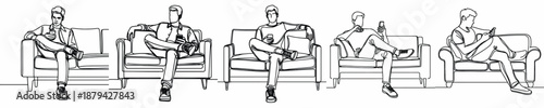 vector line art man sitting on sofa with phone